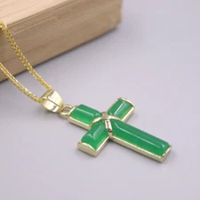 New 18K Yellow GP with Green Jade Cross Pendant 1.57inch H Best Gift