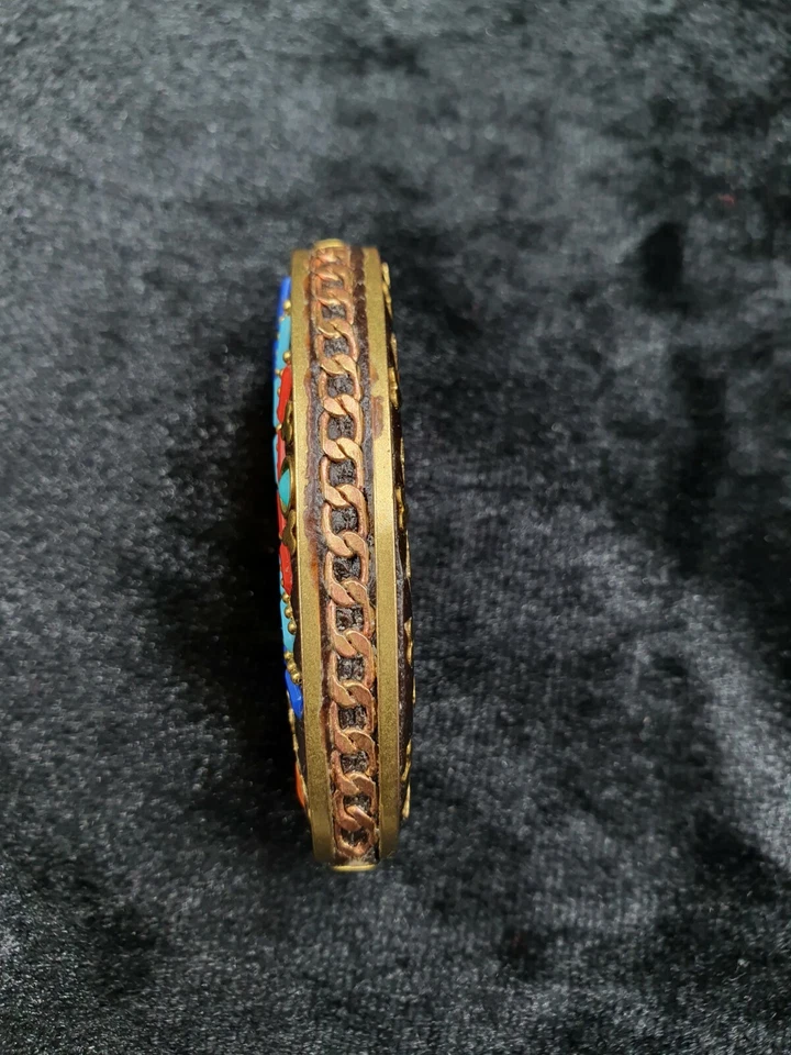 Tibetan Nepalese Brass Handmade Bead With Turquoise Coral And Lapis Lazuli Stone - Image 4 of 4