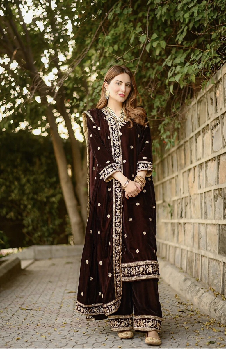 New Pakistani Ready To Wear Velvet Embroidered 3 Piece Suit - Dark Brown  Mannat