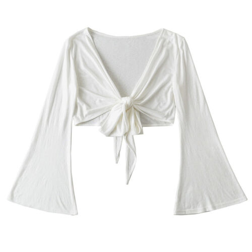 Women Ballet Wrap Top Long Flare Sleeve Yoga Dance Crop V Neck Soft Shirts - Picture 7 of 30