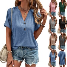 Women Summer Short Sleeve T-Shirt Loose V-Neck Casual Plain Button Tops Comfort