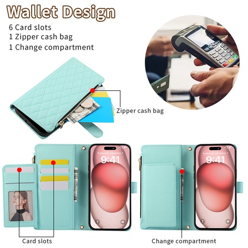 Leather Zipper Women Card Flip Wallet Phone Case Cover For iPhone 16 Pro Max 15 - Picture 4 of 77