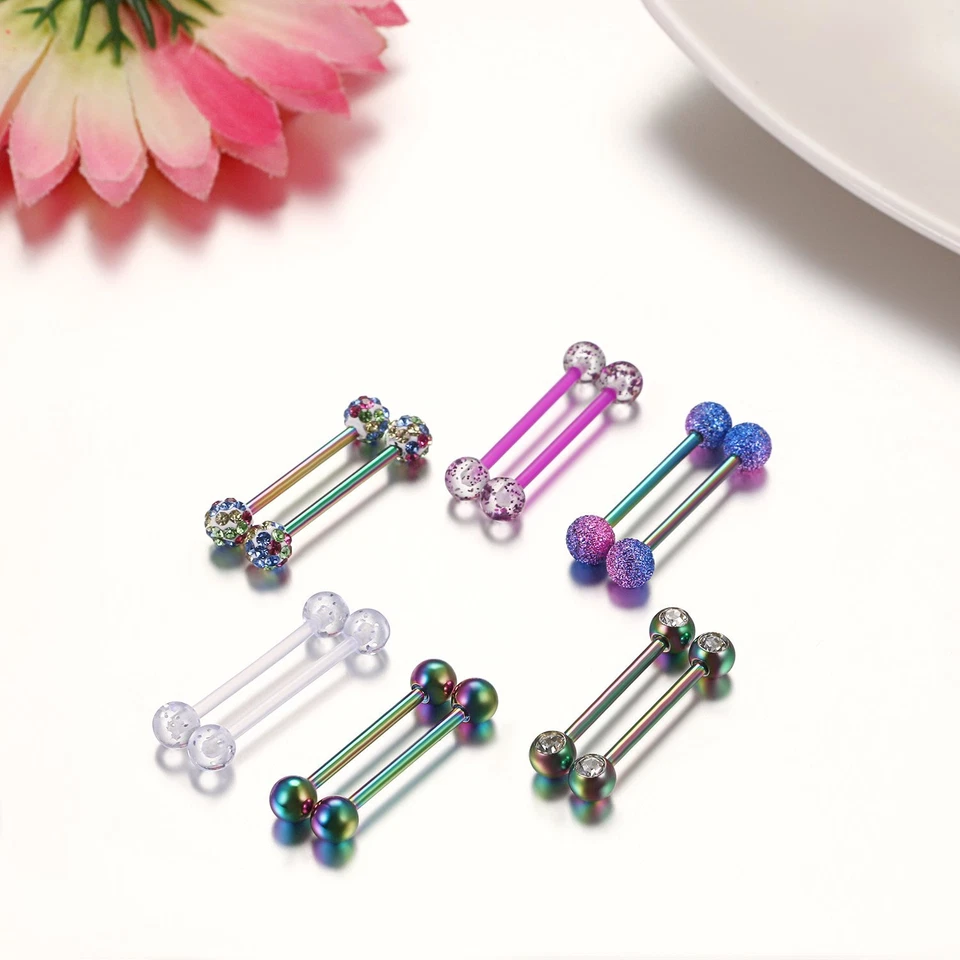 Anillos de lengüeta de pezón con barra recta de acero inoxidable 12 piezas piercing corporal joyería Foto 2 de 4