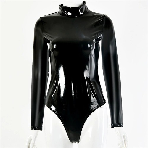 Women Faux Latex Bodysuit Turtleneck 
