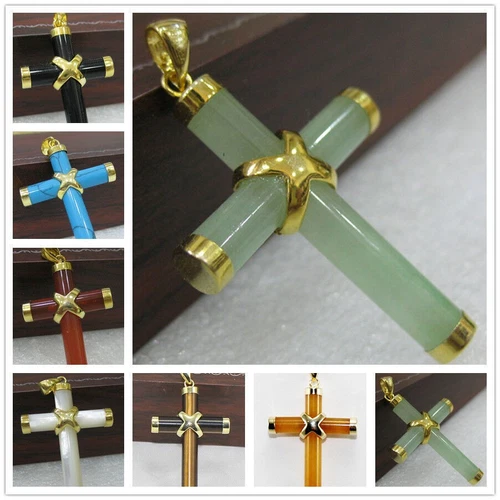Natural Agate/Tiger's Eye/Topaz/Jade Gemstone Cross Pendant Necklace AAA Grade - Picture 2 of 29
