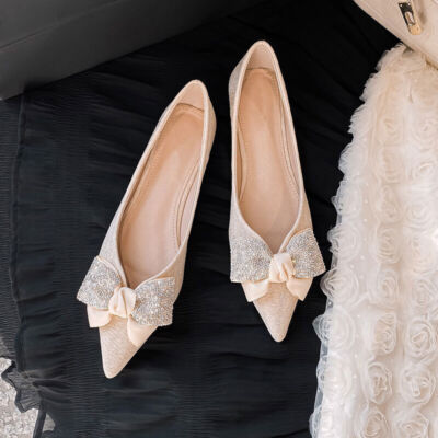 Crystal Bow Flats Women Pointy Glitter Knitting Ballerina Shoes Rhinestone Pumps