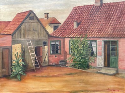 UNBEKANNTER MALER ALTES BAUERHAUS SCHUPPEN HINTERHOF LEITER BLUMEN 1931 DATIERT 