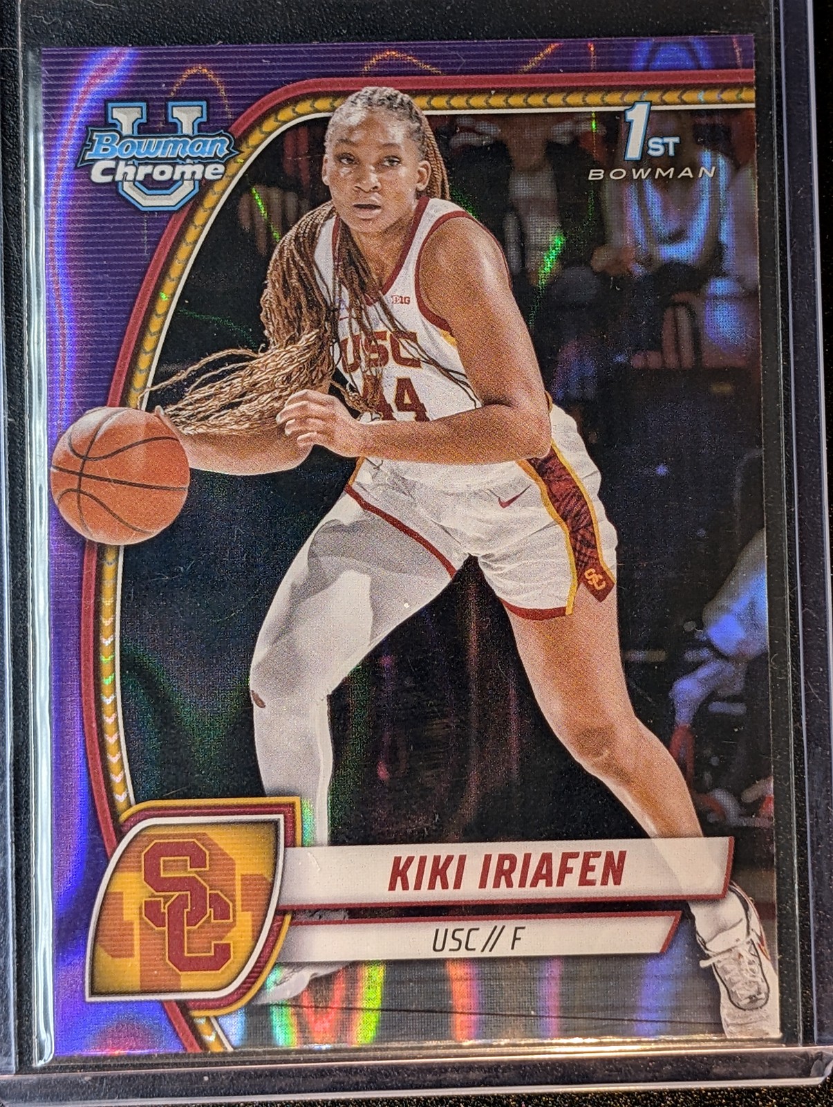 2024-25 Bowman University Chrome #47 Kiki Iriafen Purple Lava Refractor
