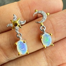925 Sterling Silver Earrings 6x4mm Natural Opal Gemstone Zircon Sun Moon Bridal
