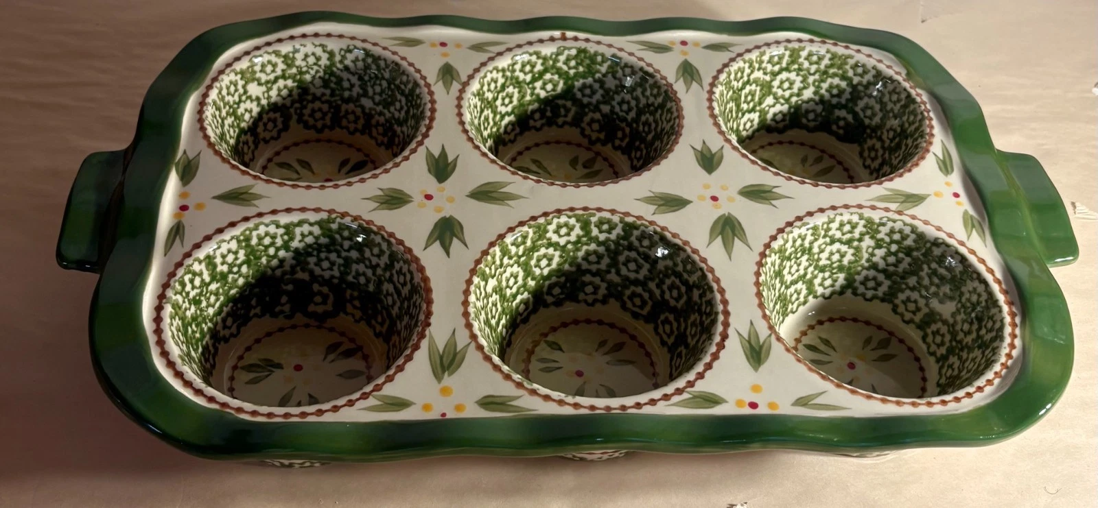 Temptations Old World Green 12 1/2" Handled Muffin Pan