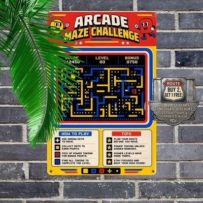 Classic Arcade Game Logo Sign Retro Gaming Room Metal Wall Art Plaque 8x12