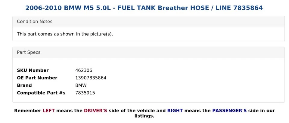 2006-2010 BMW M5 5,0 л - топливный бак дыхательный шланг / линия 7835864 - Изображение 3 из 4