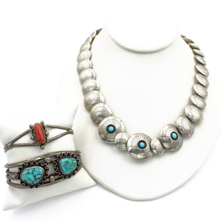 Southwest Sterling Turquoise Red Coral Necklace Cuff Bracelet Lot of 3 #S5208 4