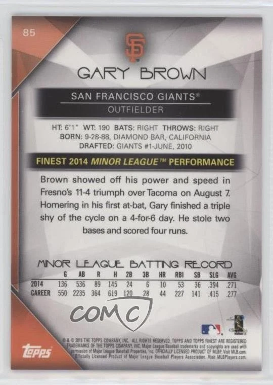 2015 Topps Finest Red Refractor /5 Gary Brown #85 Rookie RC - Image 2 of 2