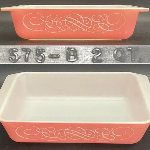 Pyrex 575 Pink Scroll Space Saver Casserole Refrigerator Dish 1958-59 USA 2quart