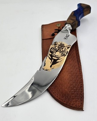 10  Forged 420C Knife Gold Tiger Engraved   Blue Resin & Imbuia Wood Handle