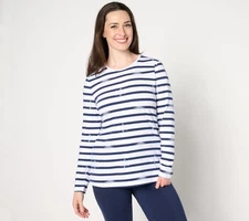 Denim & Co. Printed Favorite Jersey Striped Crew Neck Top Navy Snowflake L New