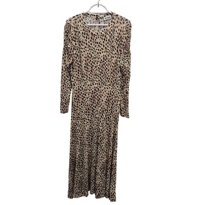 RIXO Cerise Kleid Damen 12 Beige Animal Punkte Maxi Langarm Rüschen Party