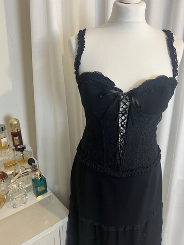 Abito Moschino nero corsetto midi pizzo nastro tg 12