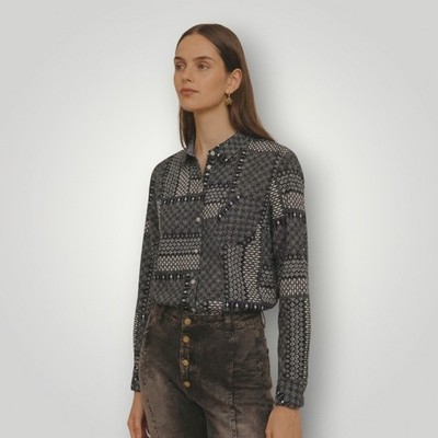 Tommy Hilfiger Patchwork Batik Print Shirt XL Navy Blue White Indigo Boho Dark