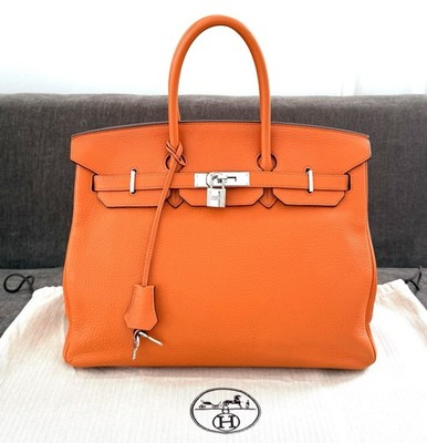 HERMES Birkin 35 Handbag Tote Orange Clemence Leather Silver Hardware Authentic