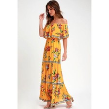 W1 Lulus Yellow Floral Off The Shoulder Tiered Maxi Dress Boho Vacation Resort L