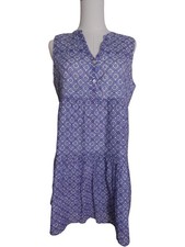 Oliphant Blue & White Geometric Cotton Sleeveless Tiered Mini Dress Size S
