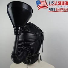 Bondage Head Hood Funnel Mouth Gag Sensory Deprivation Headgear BDSM PU Leather