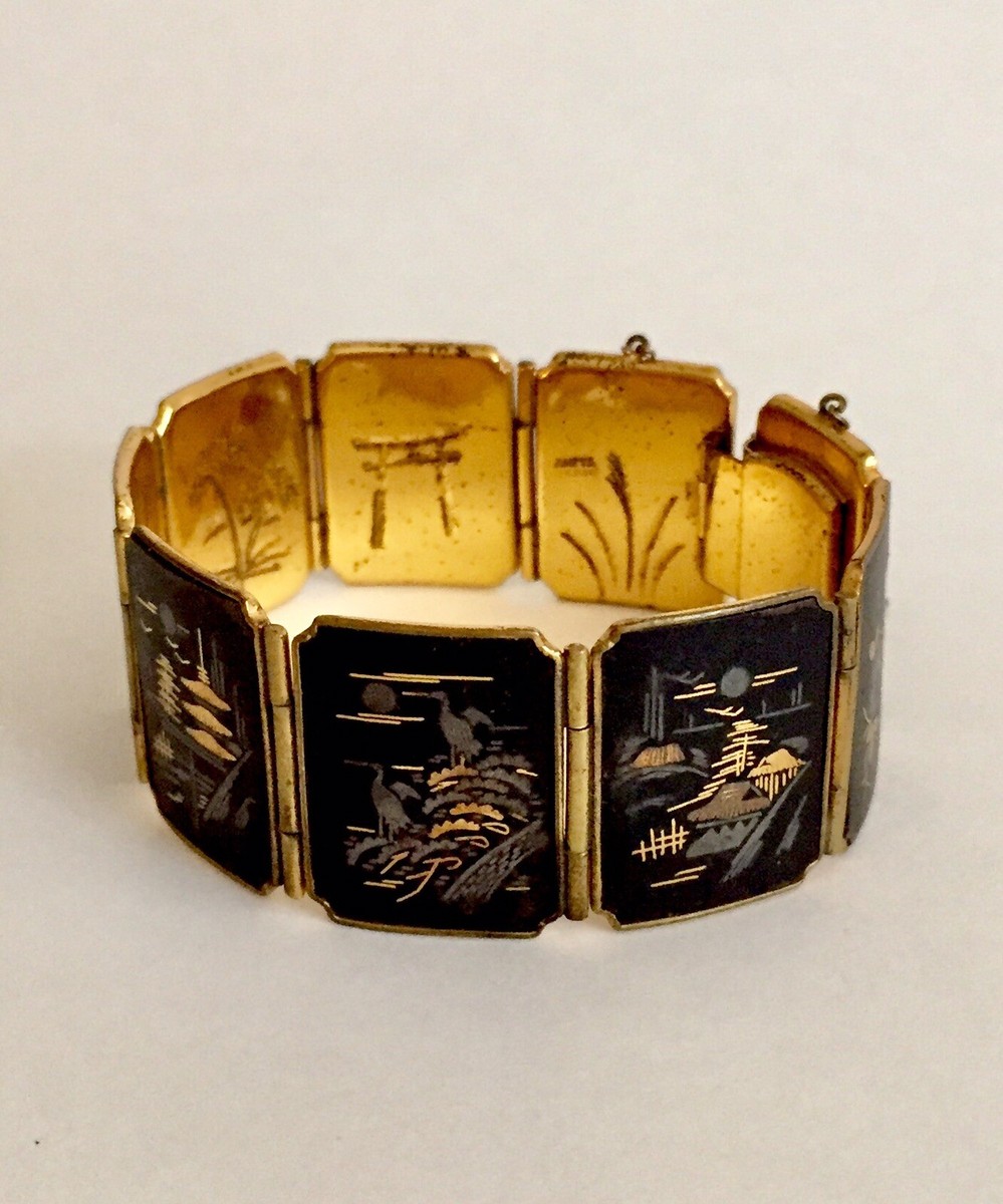 AMITA ダマスカスブレスレット アンティーク　日本製 1950s Vintage Amita Damascene 9 Scenes Japan Gold Filled Etched