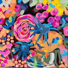 Jeri Dube Painting Modern Impressionism Collectible Flowers Vase 12 x 12" Canvas