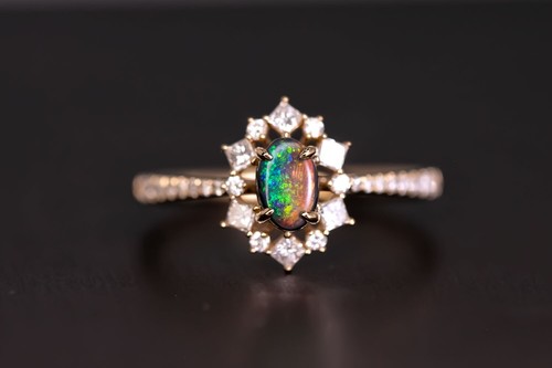 N1 Australian Black Opal Princess Diamond Halo Engagement Ring 18K Yellow Gold - Picture 9 of 10