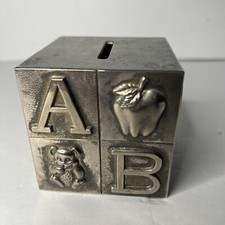Alphabet Block Cube Vintage Baby Nursery Heavy Metal Piggy Coin Bank Paperweight
