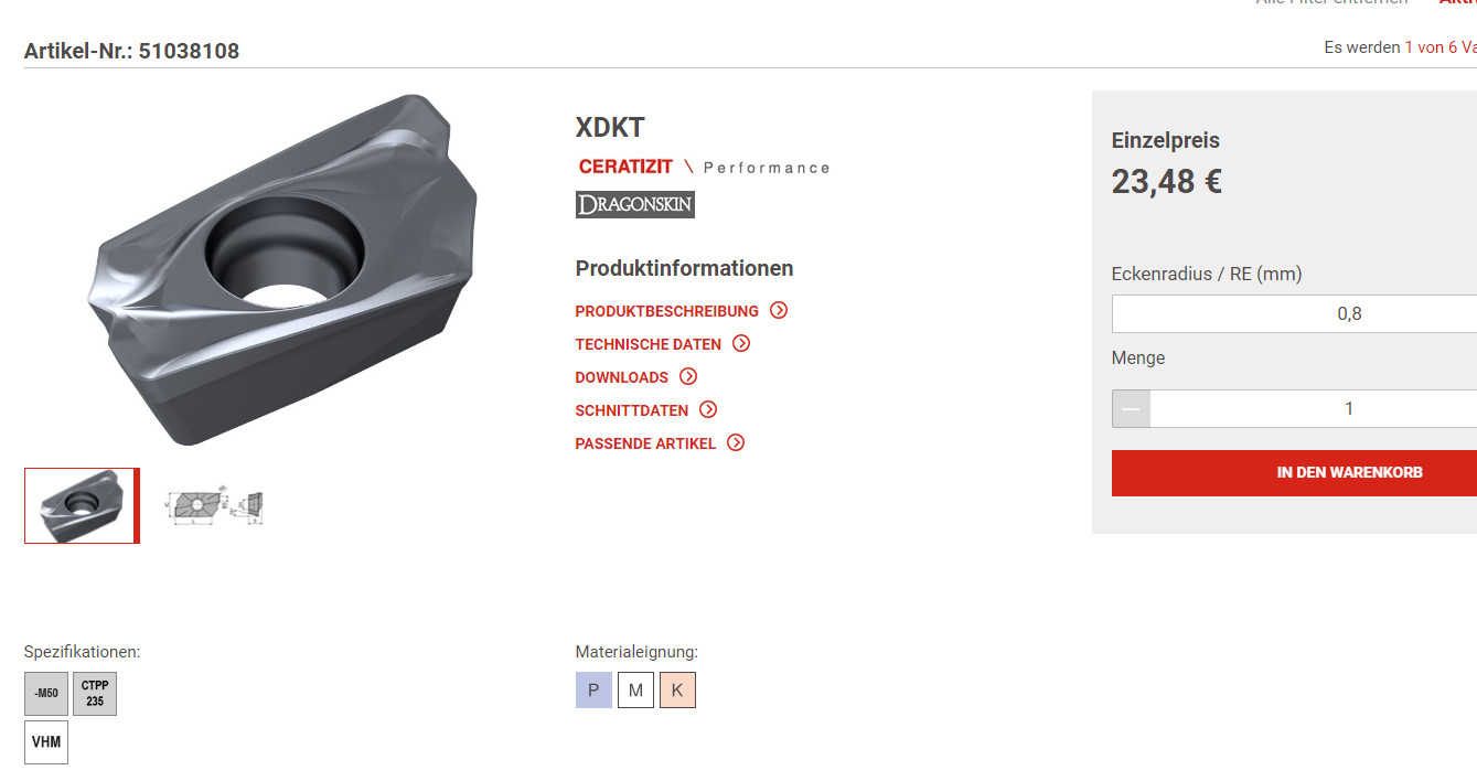 CERATIZIT Milling Inserts XDKT150508SR-M50 CTPP235 WNT ORIGINAL NEW 10 pcs.