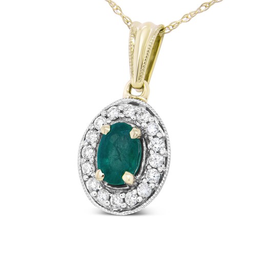 14K Yellow Gold 6x4mm Emerald & 1/5 Cttw Round Diamond Halo Pendant 18" Necklace - Picture 2 of 6