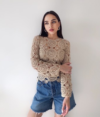 Crochet beige blouse Lace crochet top Long sleeve top 70s Boho Women