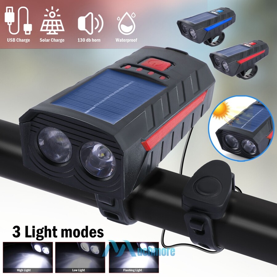 Solar Powered LED Bicycle Headlight Bike Head Light Lamp + Horn USB Rechargeable