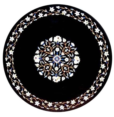 30 Inch Marble Pietra Dura Round Coffee Table with Semi-Precious Stone Inlay