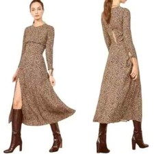 Reformation Dress Midi Maxi Size 2 Brown Black Leopard Print Zelda High Slit