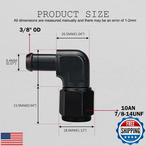 10AN Female to 3/8 Barb 90 Degree Hose Fitting Adapter Swivel Aluminum Black, - Picture 2 of 5