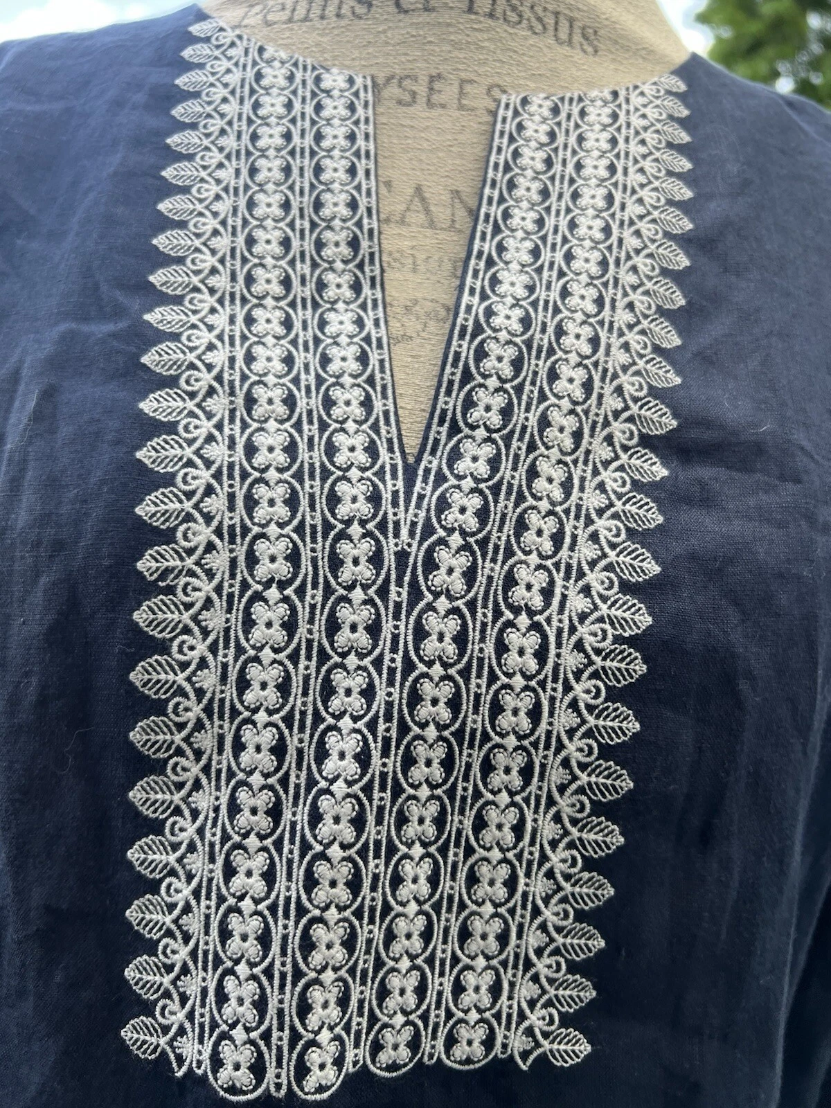 Abito tunica TORY BURCH blu navy scuro bianco impreziosito ricamo TG M