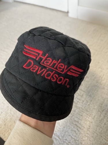 Vintage Harley Davidson Quilted Hat Made In USA Black Red Biker/ Welder Cap USA