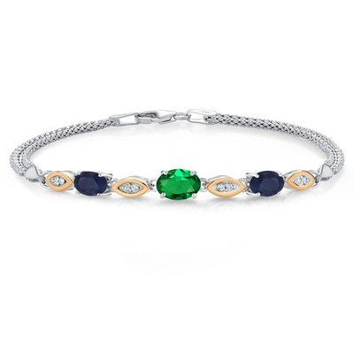 925 Silver and 10K Yellow Gold Nano Emerald and Sapphire and White Lab Grown