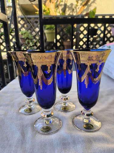 Set of 4 Mouth Blown Arte Italica Medici 24-K Gold Cobalt Blue Champagne Flutes - Picture 1 of 21