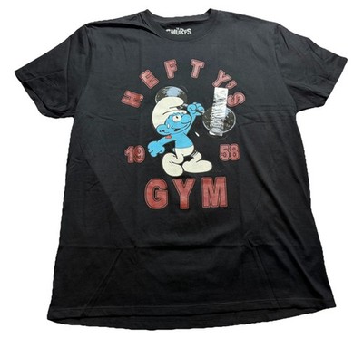 Smurfs 80's Cartoons Hefty's Gym 1958 Adult Weightlifting Black Shirt Sz XL C029