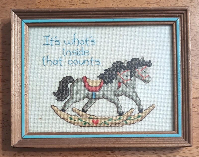 Vinatge Completed and Framed Rocking Horses Cross Stitch 9"x7.25" Handmade 1985