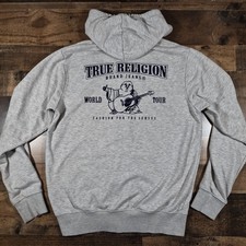 True Religion Hoodie Men Medium Gray Buddha World Tour Big Logo Full Zip Graphic