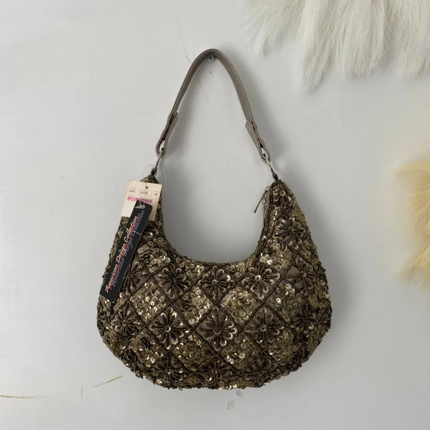 Bolsa de mão feminina vintage design americano com lantejoulas e miçangas enfeitada formatura hoco - Imagem 3 de 4