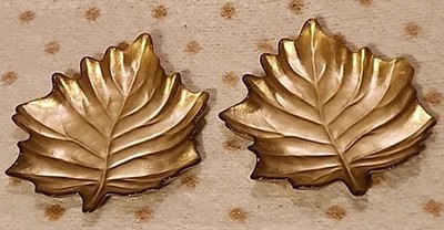 NEW Metallic Gold Tone Glass Leaf Candy/Trinket Dishes Pair Of Two 8.5 X 7.5