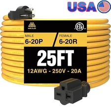 NEMA 6-20 Extension Cord 25FT 20Amp 250Volt ETL Listed EV Charging Heavy Duty US