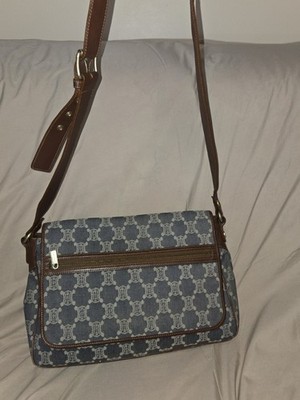 Celine Leather Denim Brown Blue Shoulder Bag Gold